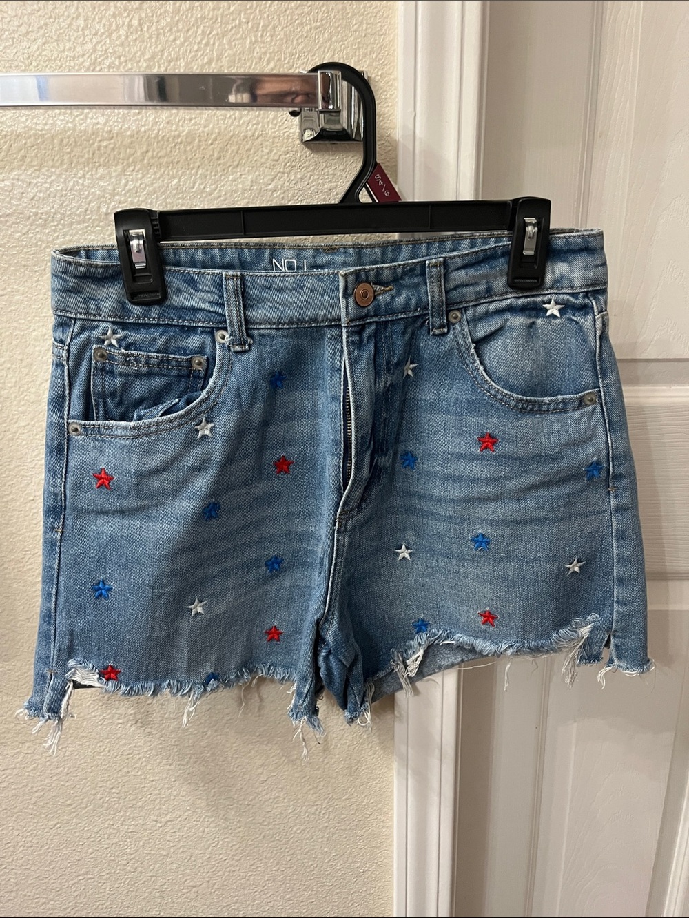 No Boundaries Light Blue Denim Shorts with Red, White & Blue Star Embroidery